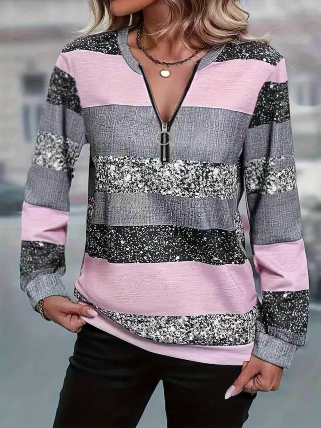 Striped Sweater with Zipper Detail - Women's Casual Crew Neck Pullover - Suitable for Spring, Summer, and Autumn