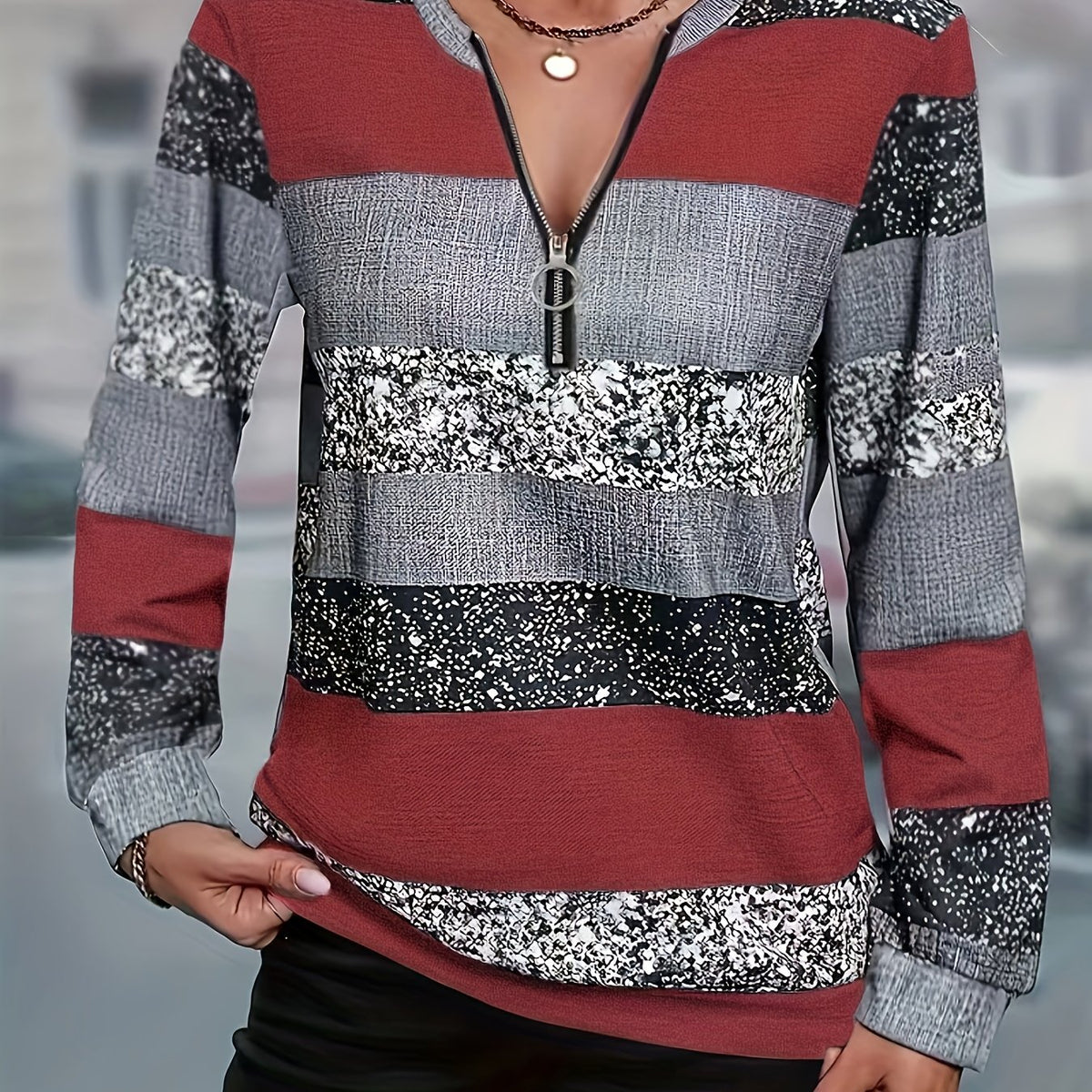 Striped Sweater with Zipper Detail - Women's Casual Crew Neck Pullover - Suitable for Spring, Summer, and Autumn