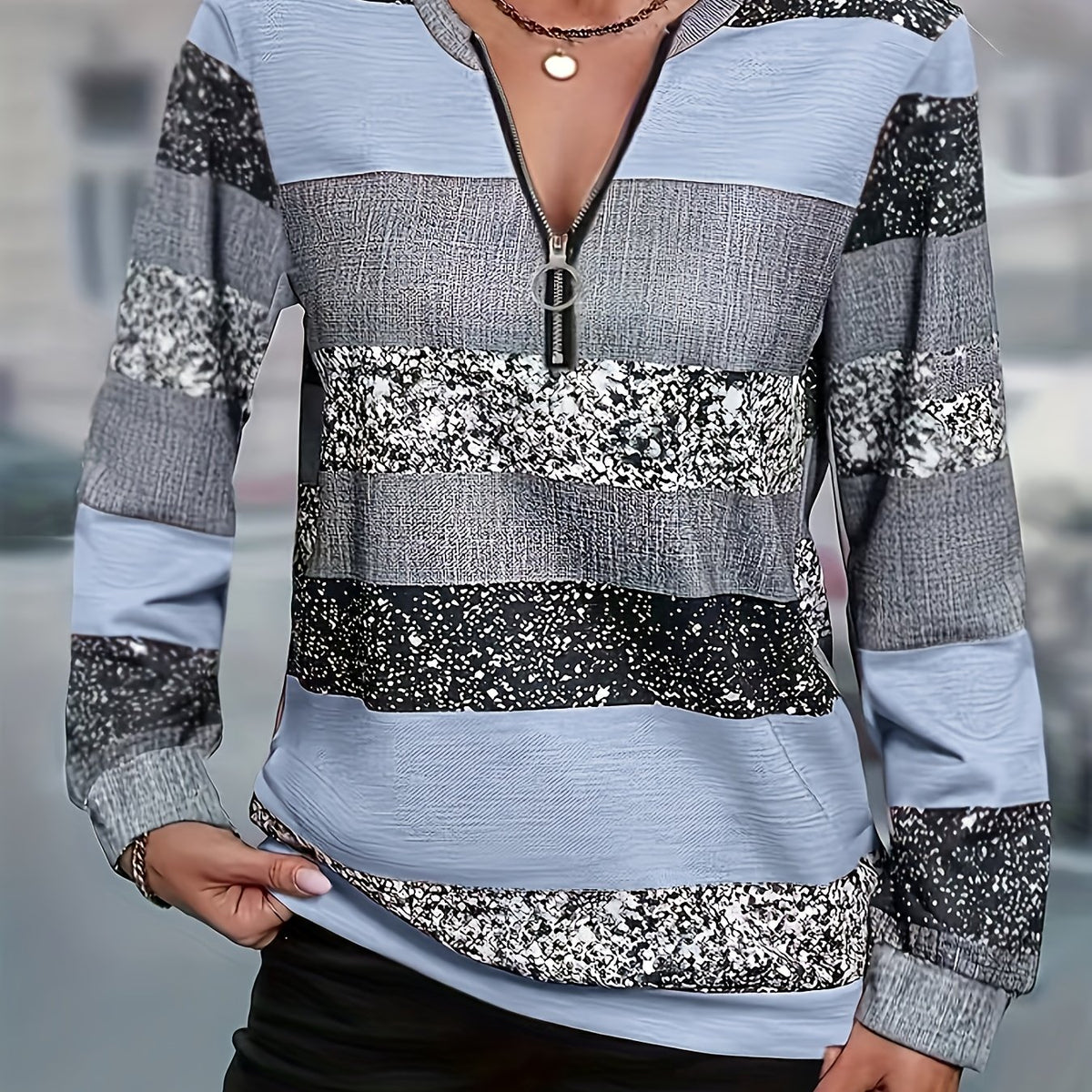 Striped Sweater with Zipper Detail - Women's Casual Crew Neck Pullover - Suitable for Spring, Summer, and Autumn