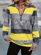 Striped Sweater with Zipper Detail - Women's Casual Crew Neck Pullover - Suitable for Spring, Summer, and Autumn