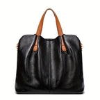 Ladies' Luxury Genuine Leather Tote Bag - Spacious, Two-Tone Gray with Brown Leather Accents, Zip Closure, Can Be Worn As a Crossbody Or Shoulder Bag.