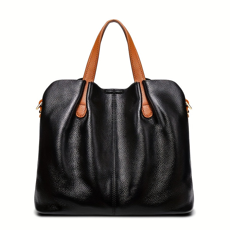 Ladies' Luxury Genuine Leather Tote Bag - Spacious, Two-Tone Gray with Brown Leather Accents, Zip Closure, Can Be Worn As a Crossbody Or Shoulder Bag.