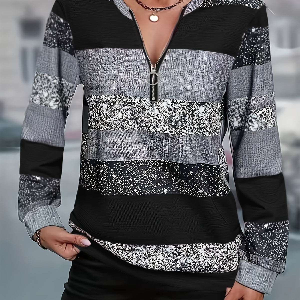 Striped Sweater with Zipper Detail - Women's Casual Crew Neck Pullover - Suitable for Spring, Summer, and Autumn