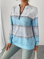 Striped Sweater with Zipper Detail - Women's Casual Crew Neck Pullover - Suitable for Spring, Summer, and Autumn