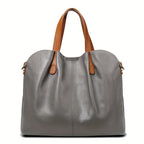 Ladies' Luxury Genuine Leather Tote Bag - Spacious, Two-Tone Gray with Brown Leather Accents, Zip Closure, Can Be Worn As a Crossbody Or Shoulder Bag.