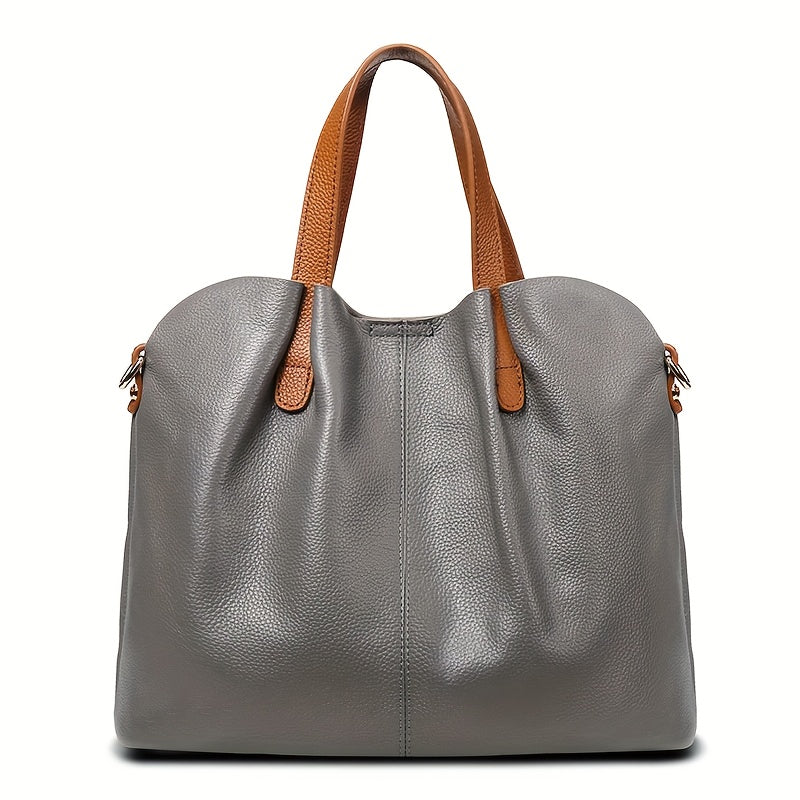 Ladies' Luxury Genuine Leather Tote Bag - Spacious, Two-Tone Gray with Brown Leather Accents, Zip Closure, Can Be Worn As a Crossbody Or Shoulder Bag.
