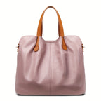 Ladies' Luxury Genuine Leather Tote Bag - Spacious, Two-Tone Gray with Brown Leather Accents, Zip Closure, Can Be Worn As a Crossbody Or Shoulder Bag.