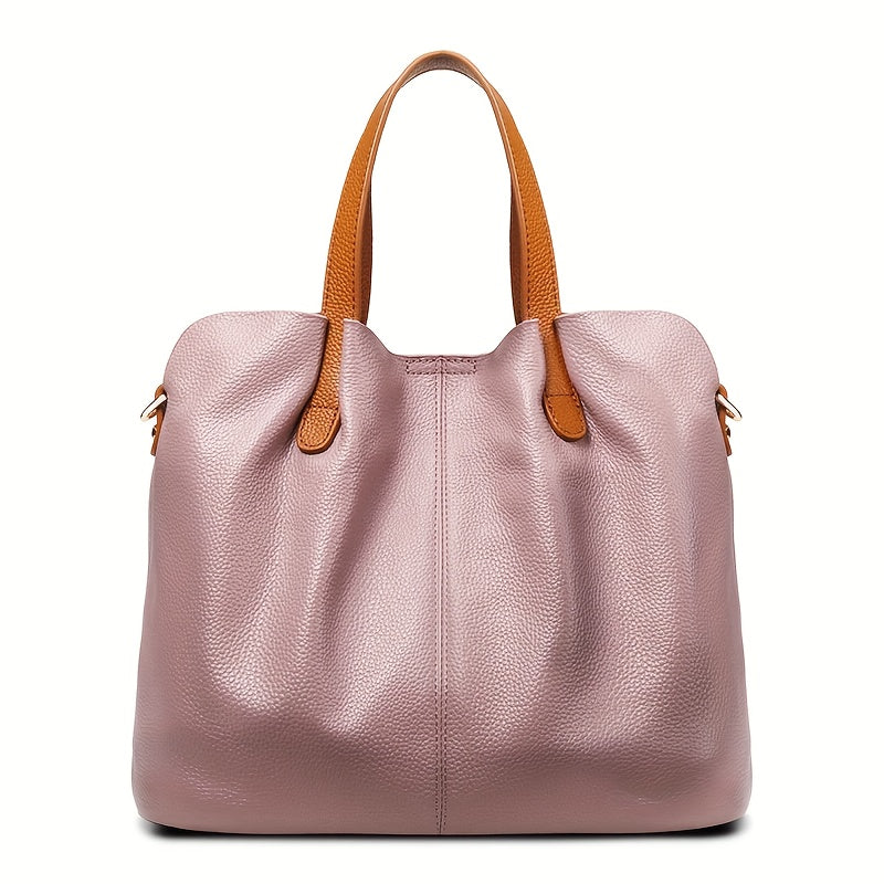 Ladies' Luxury Genuine Leather Tote Bag - Spacious, Two-Tone Gray with Brown Leather Accents, Zip Closure, Can Be Worn As a Crossbody Or Shoulder Bag.