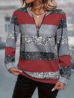 Striped Sweater with Zipper Detail - Women's Casual Crew Neck Pullover - Suitable for Spring, Summer, and Autumn