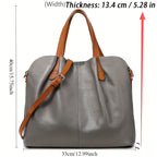 Ladies' Luxury Genuine Leather Tote Bag - Spacious, Two-Tone Gray with Brown Leather Accents, Zip Closure, Can Be Worn As a Crossbody Or Shoulder Bag.