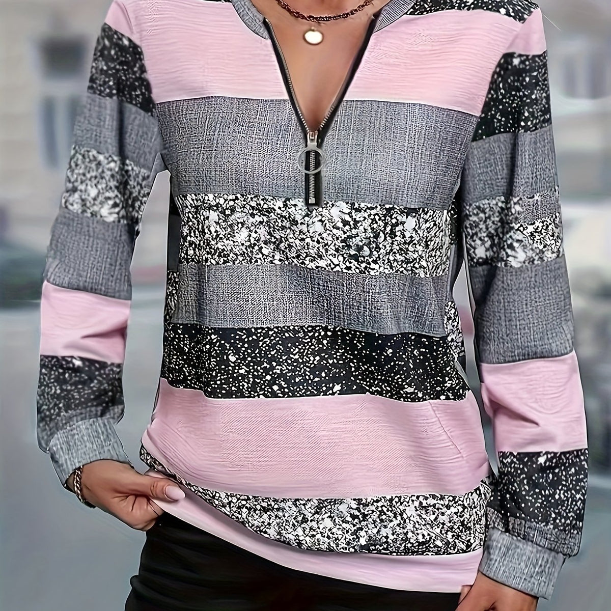 Striped Sweater with Zipper Detail - Women's Casual Crew Neck Pullover - Suitable for Spring, Summer, and Autumn