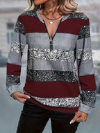 Striped Sweater with Zipper Detail - Women's Casual Crew Neck Pullover - Suitable for Spring, Summer, and Autumn