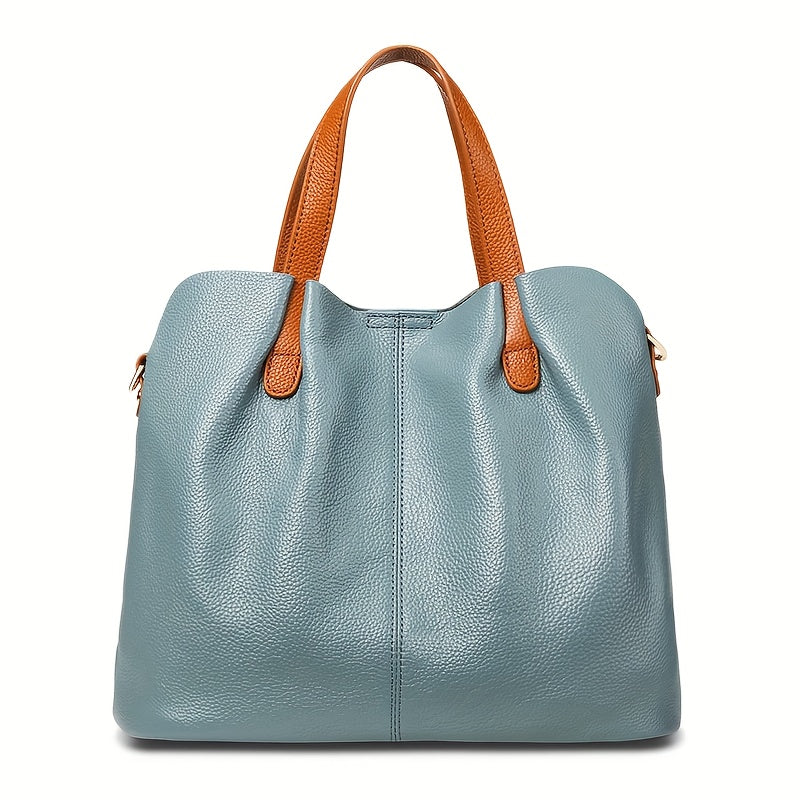 Ladies' Luxury Genuine Leather Tote Bag - Spacious, Two-Tone Gray with Brown Leather Accents, Zip Closure, Can Be Worn As a Crossbody Or Shoulder Bag.