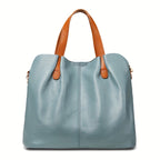 Ladies' Luxury Genuine Leather Tote Bag - Spacious, Two-Tone Gray with Brown Leather Accents, Zip Closure, Can Be Worn As a Crossbody Or Shoulder Bag.