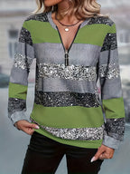 Striped Sweater with Zipper Detail - Women's Casual Crew Neck Pullover - Suitable for Spring, Summer, and Autumn