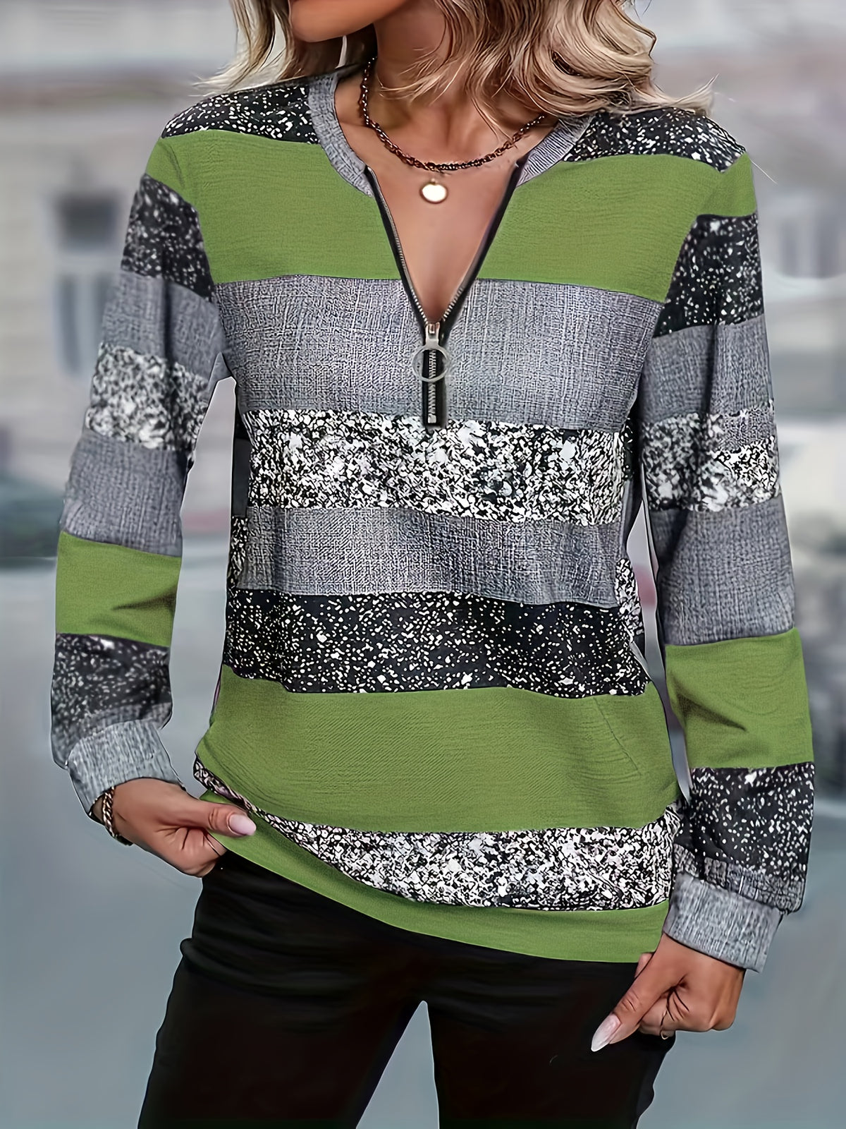 Striped Sweater with Zipper Detail - Women's Casual Crew Neck Pullover - Suitable for Spring, Summer, and Autumn