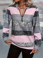 Striped Sweater with Zipper Detail - Women's Casual Crew Neck Pullover - Suitable for Spring, Summer, and Autumn