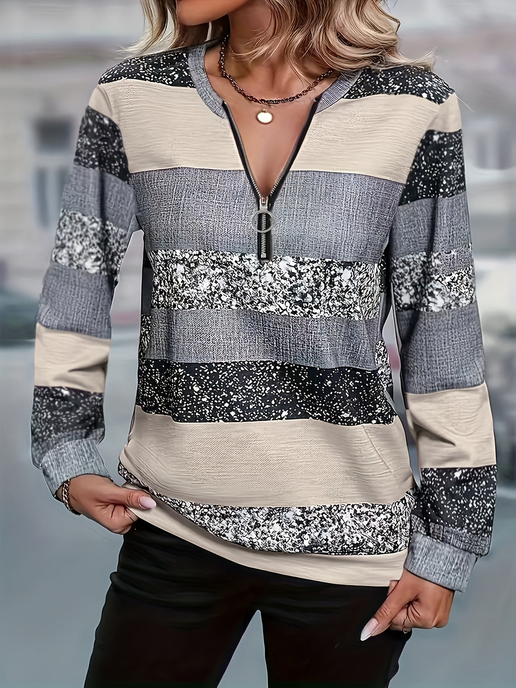 Striped Sweater with Zipper Detail - Women's Casual Crew Neck Pullover - Suitable for Spring, Summer, and Autumn