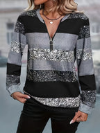 Striped Sweater with Zipper Detail - Women's Casual Crew Neck Pullover - Suitable for Spring, Summer, and Autumn