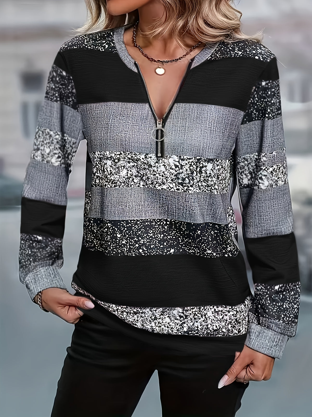 Striped Sweater with Zipper Detail - Women's Casual Crew Neck Pullover - Suitable for Spring, Summer, and Autumn