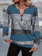 Striped Sweater with Zipper Detail - Women's Casual Crew Neck Pullover - Suitable for Spring, Summer, and Autumn