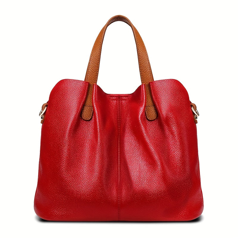 Ladies' Luxury Genuine Leather Tote Bag - Spacious, Two-Tone Gray with Brown Leather Accents, Zip Closure, Can Be Worn As a Crossbody Or Shoulder Bag.