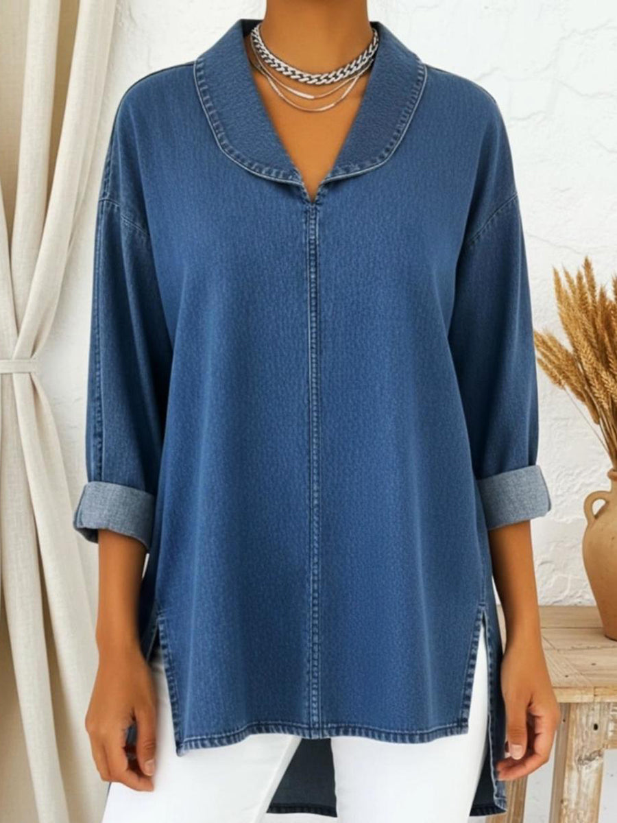 Retro Denim Top with Shawl Collar