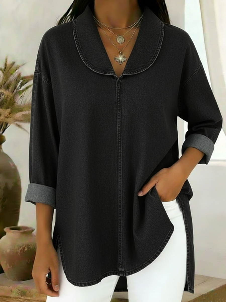 Retro Denim Top with Shawl Collar